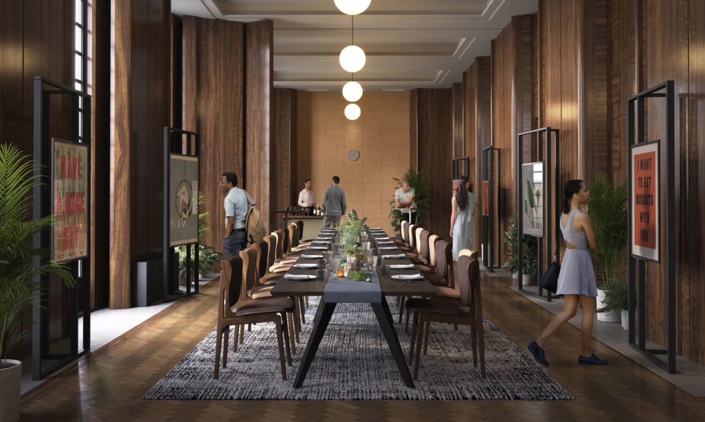 A Computer Generated Image of Hornsey Town Hall Arts Centre's Committee Room, showing several people walking through a beautifully refurbished wooden room, filled with art.